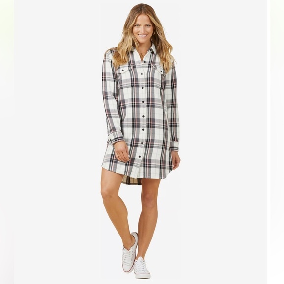 Outerknown Blanket Shirt Dress White Black Pink Plaid Long Sleeve Size Small NWT - Picture 3 of 14